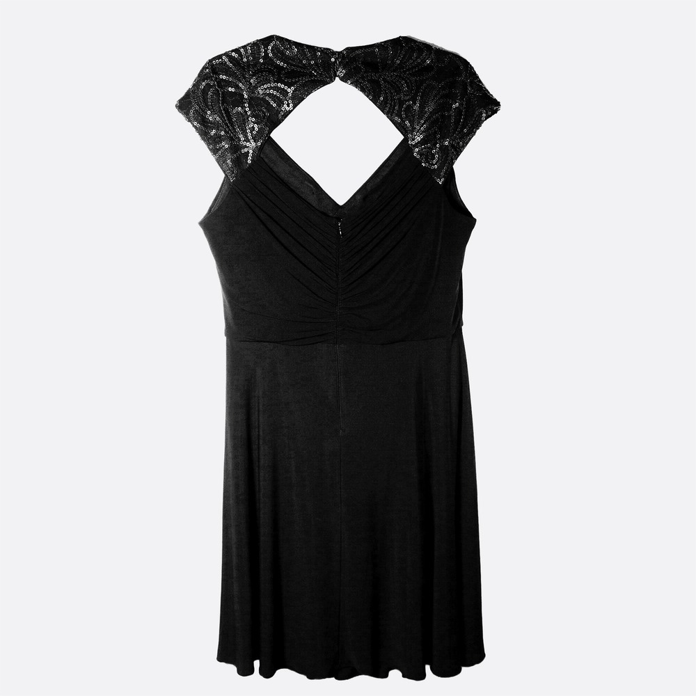 Patra Sequin Cap Sleeve Cocktail Dress 0X L Back Cutout LBD Little Black Dress - Picture 3 of 9